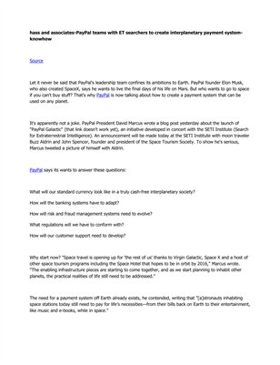hass and associates-PayPal teams with ET searchers to create interplanetary payment system-knowhow