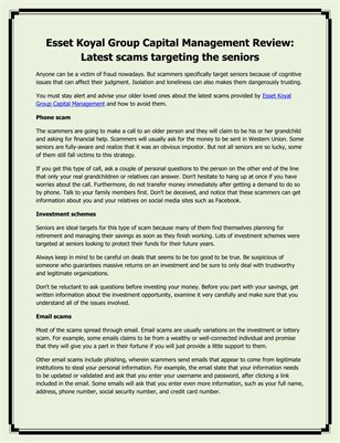 Esset Koyal Group Capital Management Review: Latest scams targeting the seniors