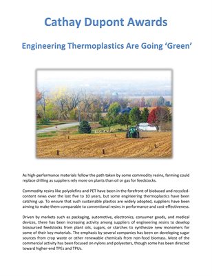 Cathay Dupont Award: Engineering Thermoplastics Are Going ‘Green’