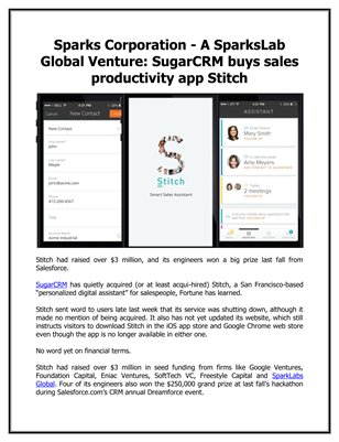 Sparks Corporation - A SparksLab Global Venture: SugarCRM buys sales productivity app Stitch