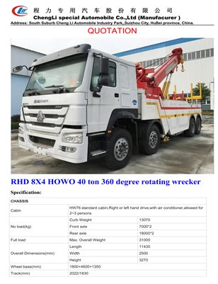 RHD 8X4 HOWO 40 ton 360 degree rotating wrecker