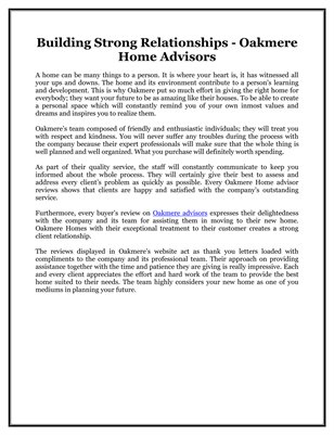 Building Strong Relationships - Oakmere Home Advisors
