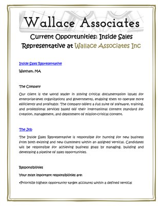 Current Opportunities: Inside Sales Representative at Wallace Associates Inc