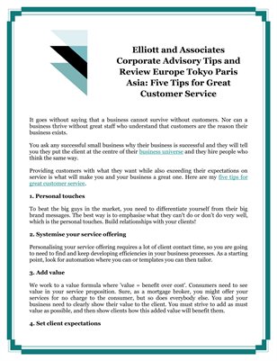 Elliott and Associates Corporate Advisory Tips and Review Europe Tokyo Paris Asia: Five Tips for Great Customer Service