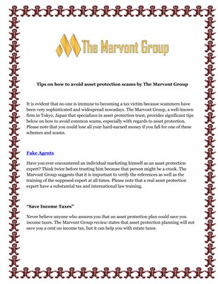 Tips on how to avoid asset protection scams by The Marvont Group