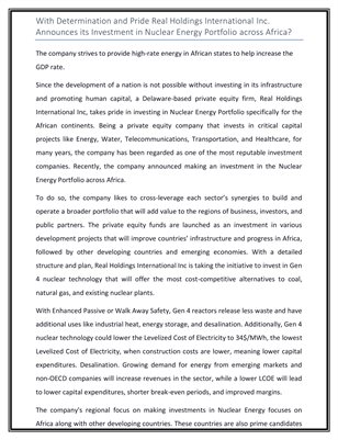 Investment in Nuclear Energy Portfolio across Africa