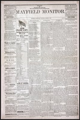 (PAGES 1-2) MARCH 08, 1879 MAYFIELD MONITOR NEWSPAPER, MAYFIELD, GRAVES COUNTY, KENTUCKY