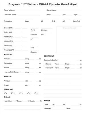 Dragozoic RPG Character Record Sheet
