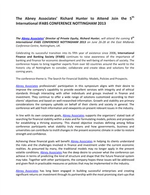 The Abney Associates’ Richard Hunter to Attend Join the 5th International IFABS CONFERENCE NOTTINGHAM 2013
