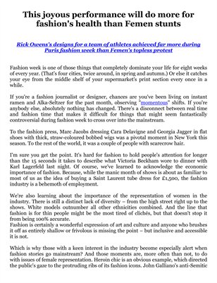 This joyous performance will do more for fashion's health than Femen stunts