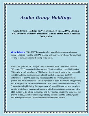 Asaba Group Holdings on Victor Edozien in NASDAQ Closing Bell Event on Behalf of Successful United States