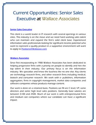 Current Opportunities: Senior Sales Executive at Wallace Associates