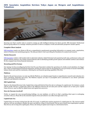 DFS Associates Acquisition Services Tokyo Japan on Mergers and Acquisitions: Valuations