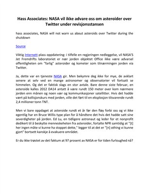 Hass Associates: NASA vil ikke advare oss om asteroider over Twitter under revisjonsstansen