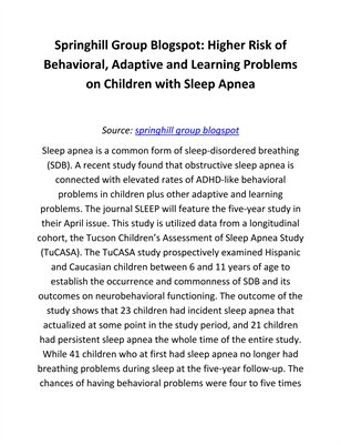 Springhill Group Blogspot: Higher Risk of Behavioral, Adaptive and Learning Problems on Children with Sleep Apnea