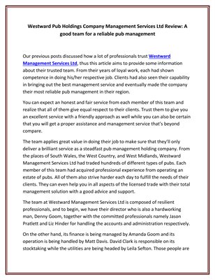 Westward Pub Holdings Company Management Services Ltd Review: A good team for a reliable pub management