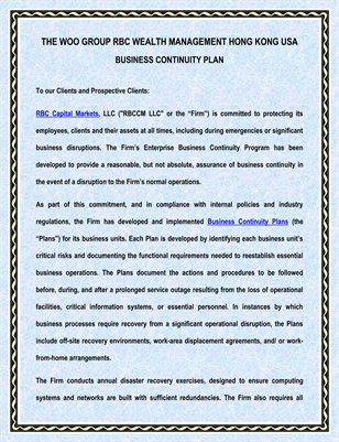 Business Continuity Plan of The Woo Group RBC Wealth Management Hong Kong USA