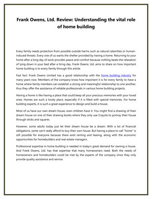 Frank Owens, Ltd. Review: Understanding the vital role of home building