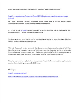 Crown Eco Capital Management Energy Reviews: Gundersen powers up biomass boiler
