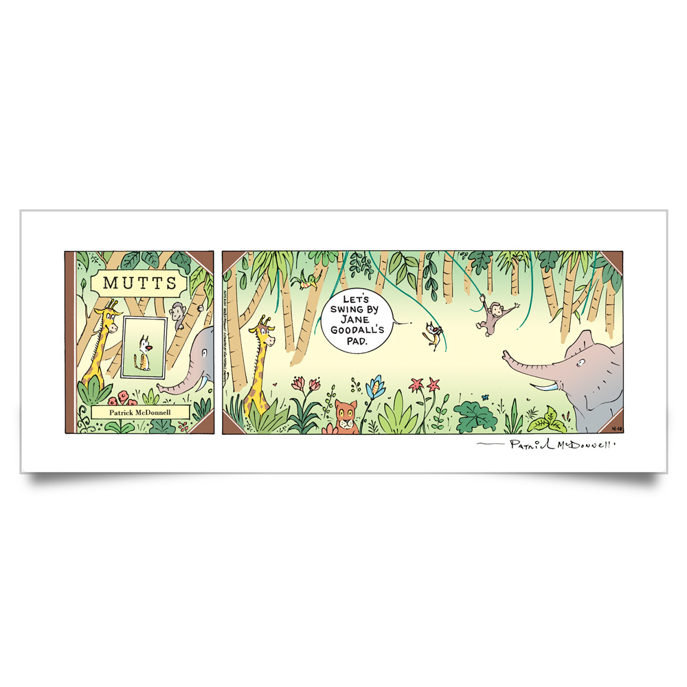 color drawing of Mutts cartoon and Jane Goodall quote autographed