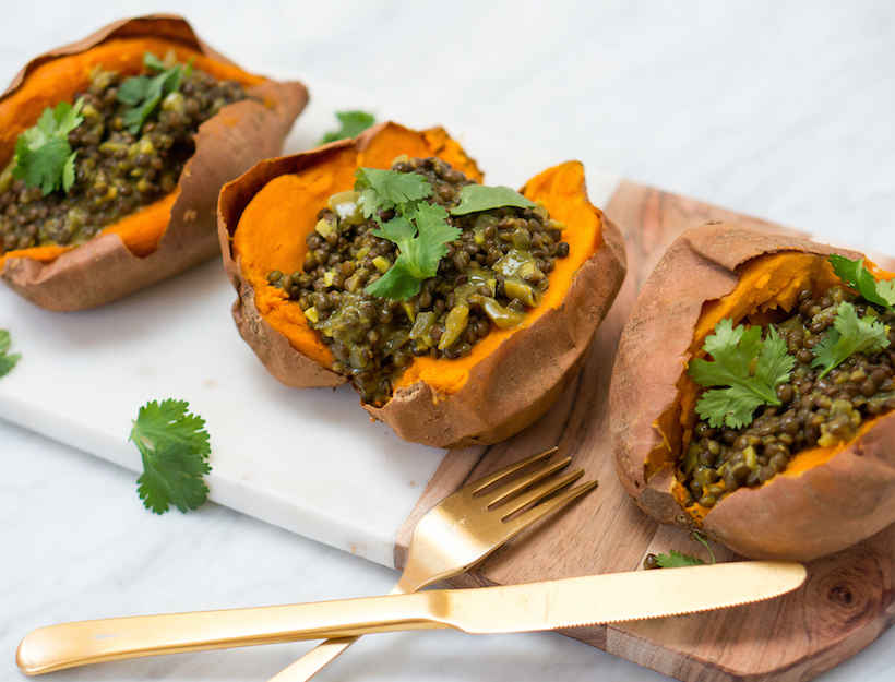Indian Spiced Black Dhal-Stuffed Sweet Potatoes