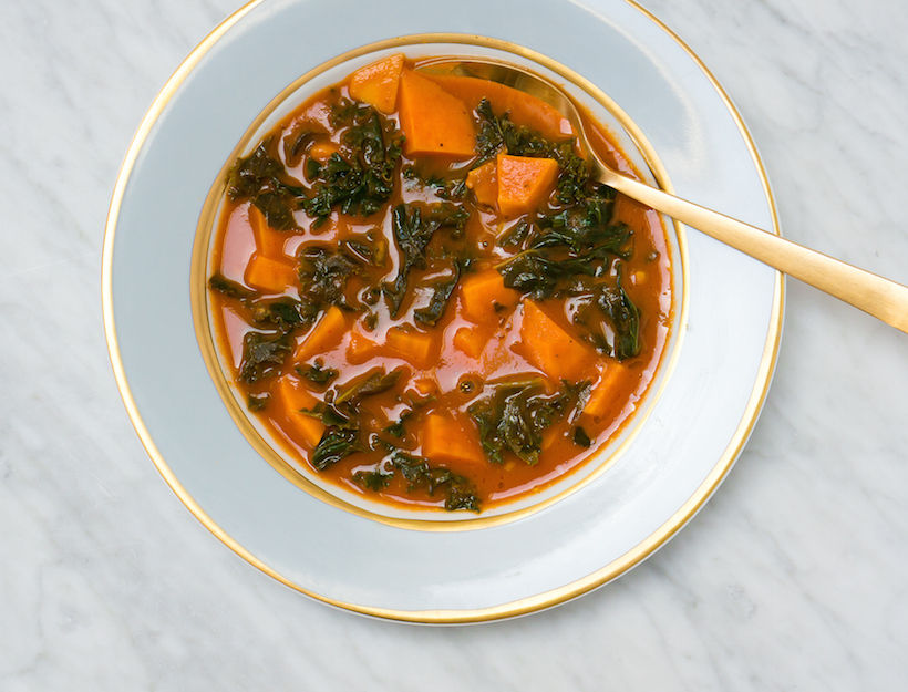 Harissa Spiced Sweet Potato Soup and Kale