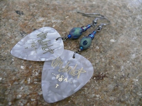 White pearl guitar pick earrings