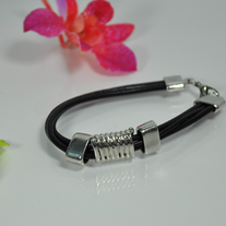 Black genuine leather bracelet with rectangular metal piece