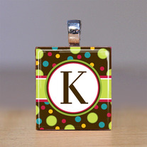 Your Initial - Scrabble Tile Pendant - Brown Polka Dots