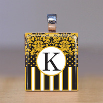 Your Initial - Scrabble Tile Pendant - Black and Gold Damask