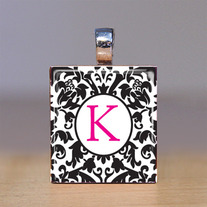 Your Initial - Scrabble Tile Pendant - Black and White Damask