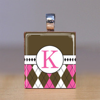 Your Initial - Scrabble Tile Pendant - Pink Argyle with Brown