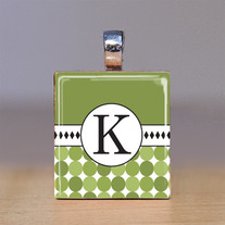 Your Initial - Scrabble Tile Pendant - Green Dots with Green
