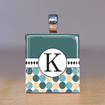Your Initial - Scrabble Tile Pendant - Teal and Cream Dots with Teal