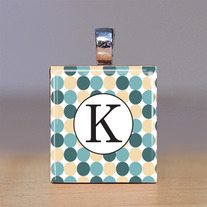 Your Initial - Scrabble Tile Pendant - Teal and Cream Dots