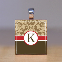 Your Initial - Scrabble Tile Pendant - Brown Damask with red