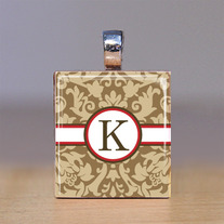 Your Initial - Scrabble Tile Pendant - Brown Damask