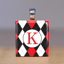 Your Initial - Scrabble Tile Pendant - Argyle Black and Red