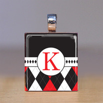 Your Initial - Scrabble Tile Pendant - Black and Red Argyle with Black