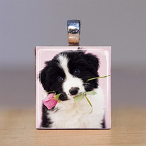 Scrabble Tile Pendant - Border Collie with Rose- Dogs 1