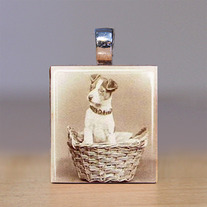 Scrabble Tile Pendant - Dog in a basket - Dogs 17