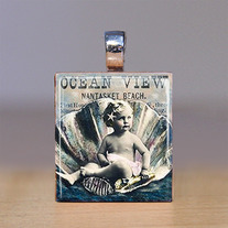 Scrabble Tile Pendant - Beach and Seashells 9