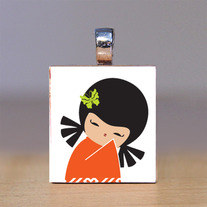Scrabble Tile Pendant - Japanese Kokeshi Doll 16