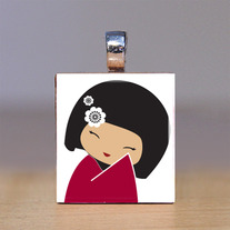 Scrabble Tile Pendant - Japanese Kokeshi Doll 25