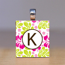 Your Initial - Scrabble Tile Pendant - Pink Hibiscus