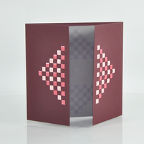 Handcrafted Metallic light pink and red plaid checkered  rhombus centre cut plum square card
