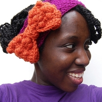 HAND CROCHETED HEADBAND EARMUFFS WITH BOW TIE RASPBERRY AND TOASTED TANGERINE!