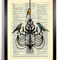 Bird Chandelier, Vintage Dictionary, 8 x 10