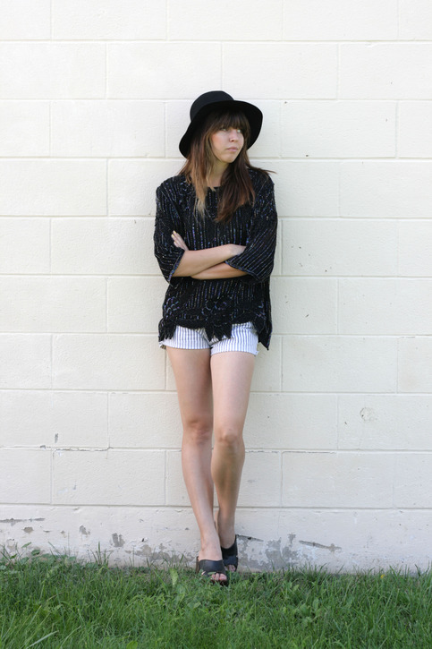 Sarin - Sequin/Beaded Black Floral Crop Romper Top