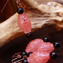 Carved Pink Quartz and Black Glass Dangle Earrings